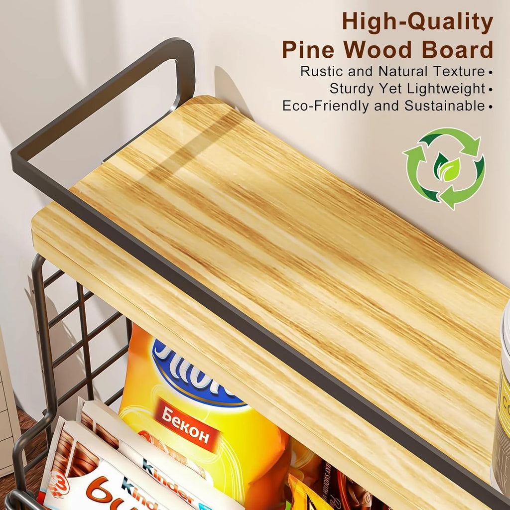 Tiered Snack Organizer with Wood Top, Metal Basket a7
