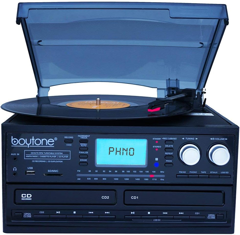 Bluetooth Dual CD Player Recorder Turntable with AM/FM Radio Cassette USB AUX k7