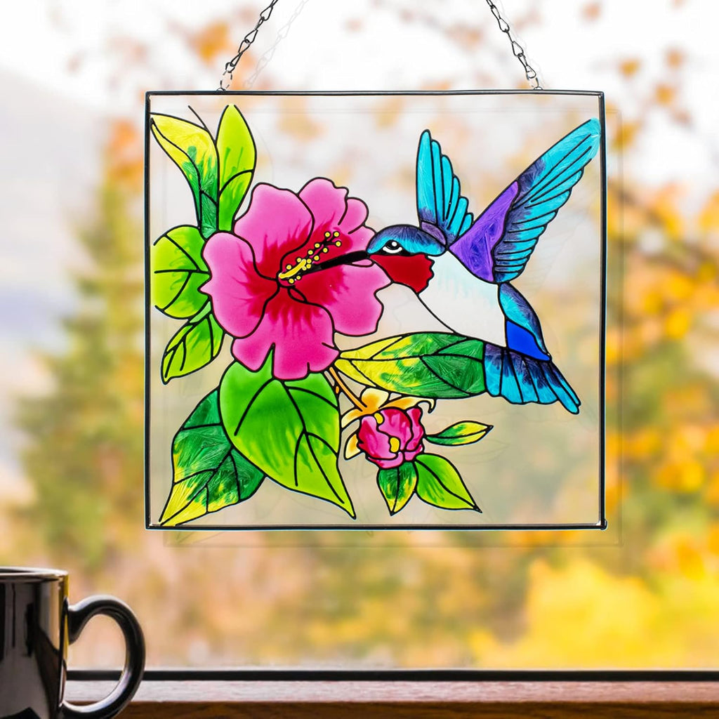Stained Glass Hummingbird Suncatcher with Metal Chain Decor k7