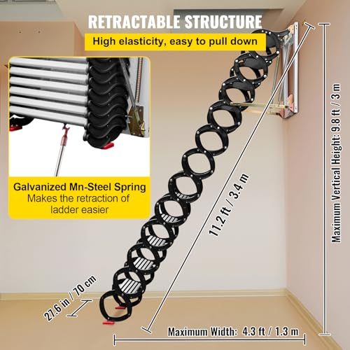 Attic Stairs Pull Down 12 Steps, Wall-Mounted Folding Ladder 9.8FT a7