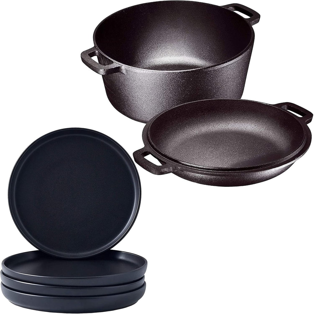 Bruntmor Elegant Matte 11-inch Ceramic Restaurant Large Round Serving Plates for Brunch and Pre-Seasoned 2 In 1 Cast Iron Pan 5 Quart Double Dutch Oven Set and Domed 10 inch 1.6 Quart Skillet Lid