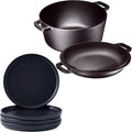 Bruntmor Elegant Matte 11-inch Ceramic Restaurant Large Round Serving Plates for Brunch and Pre-Seasoned 2 In 1 Cast Iron Pan 5 Quart Double Dutch Oven Set and Domed 10 inch 1.6 Quart Skillet Lid