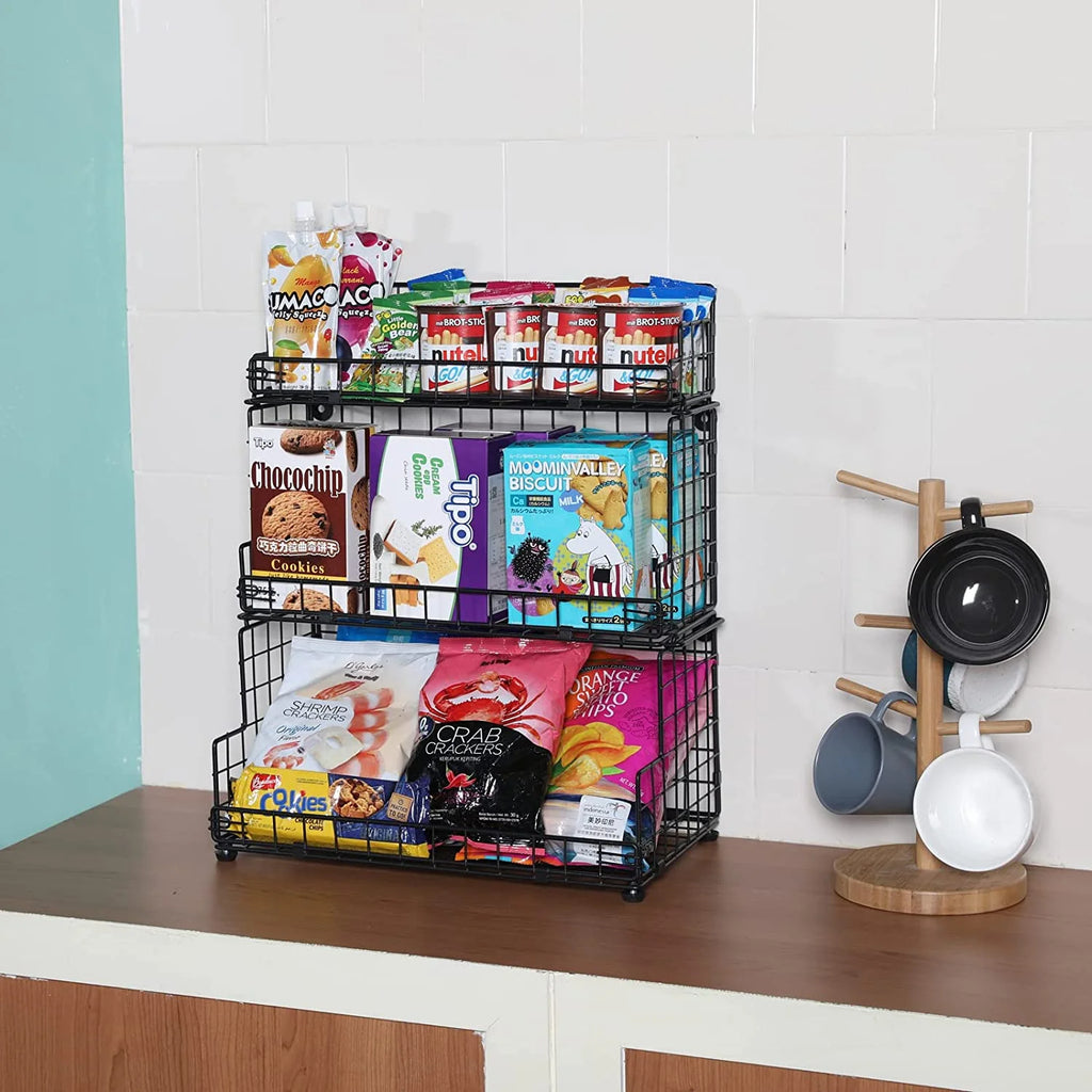 Tiered Snack Organizer with Wood Top, Metal Basket a7