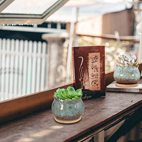 Succulent Pots 4 Inch Ceramic Planters with Bamboo Tray, Pack of 6 k7