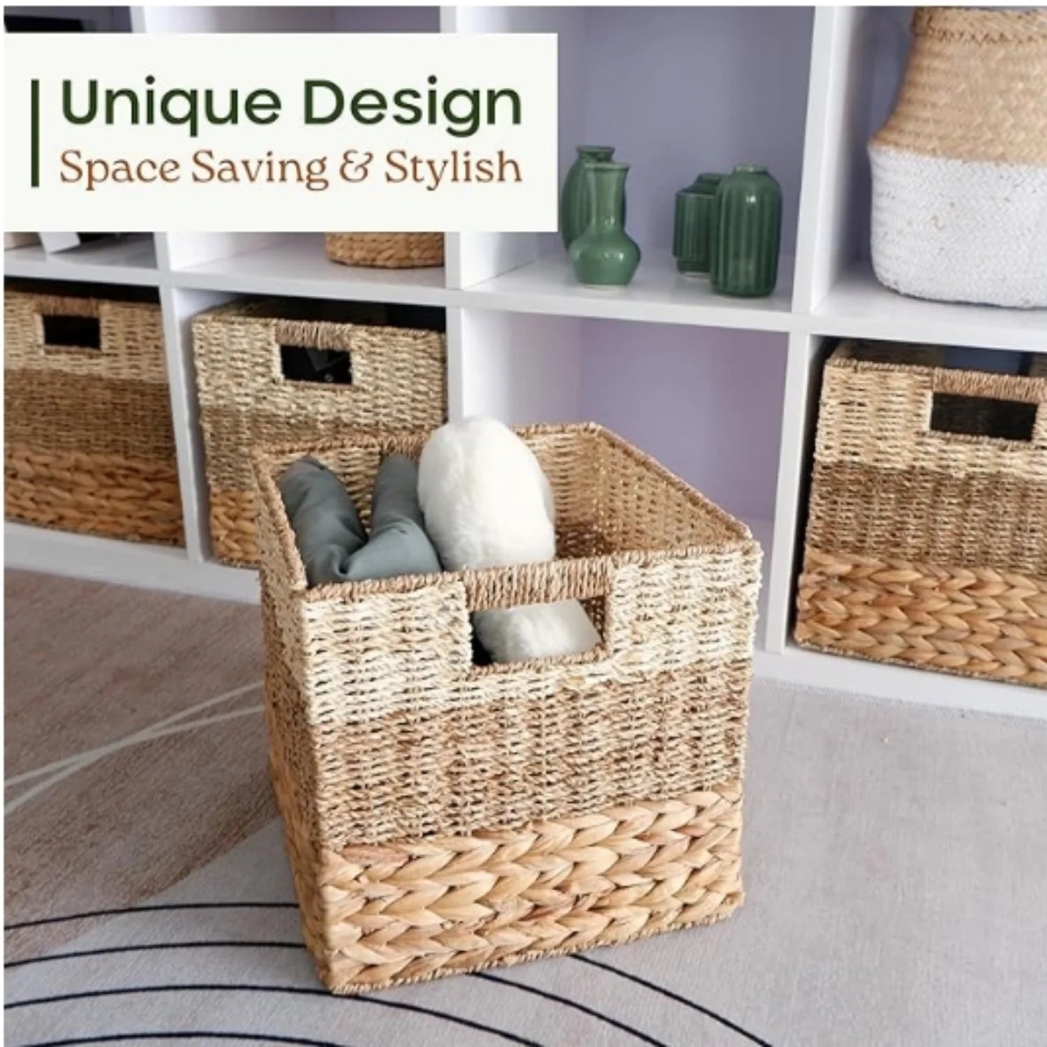Wicker Cube Storage Basket, Natural Rattan Organizer x7