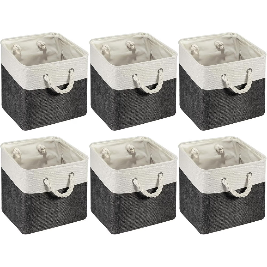 6 Pcs 11 x 11 Inch Cube Storage Bins Fabric Cube Storage Organizer Bins Foldable Storage Cube Baskets with Sturdy Carry Handles Multipurpose Storage Cube for Home (Black, White)