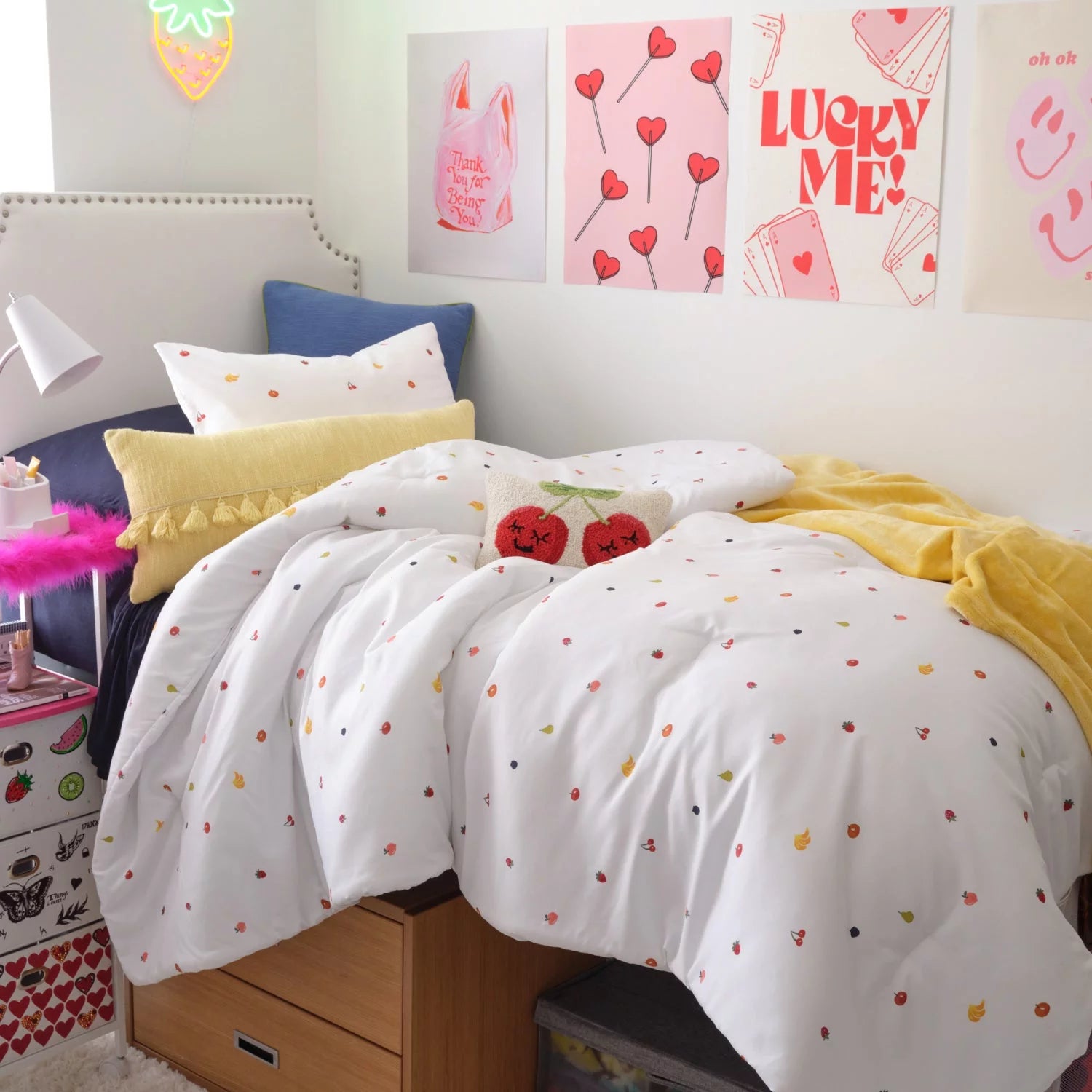 Fruit Showers Comforter and Sham Set White Rainbow Fruits Full Queen A7