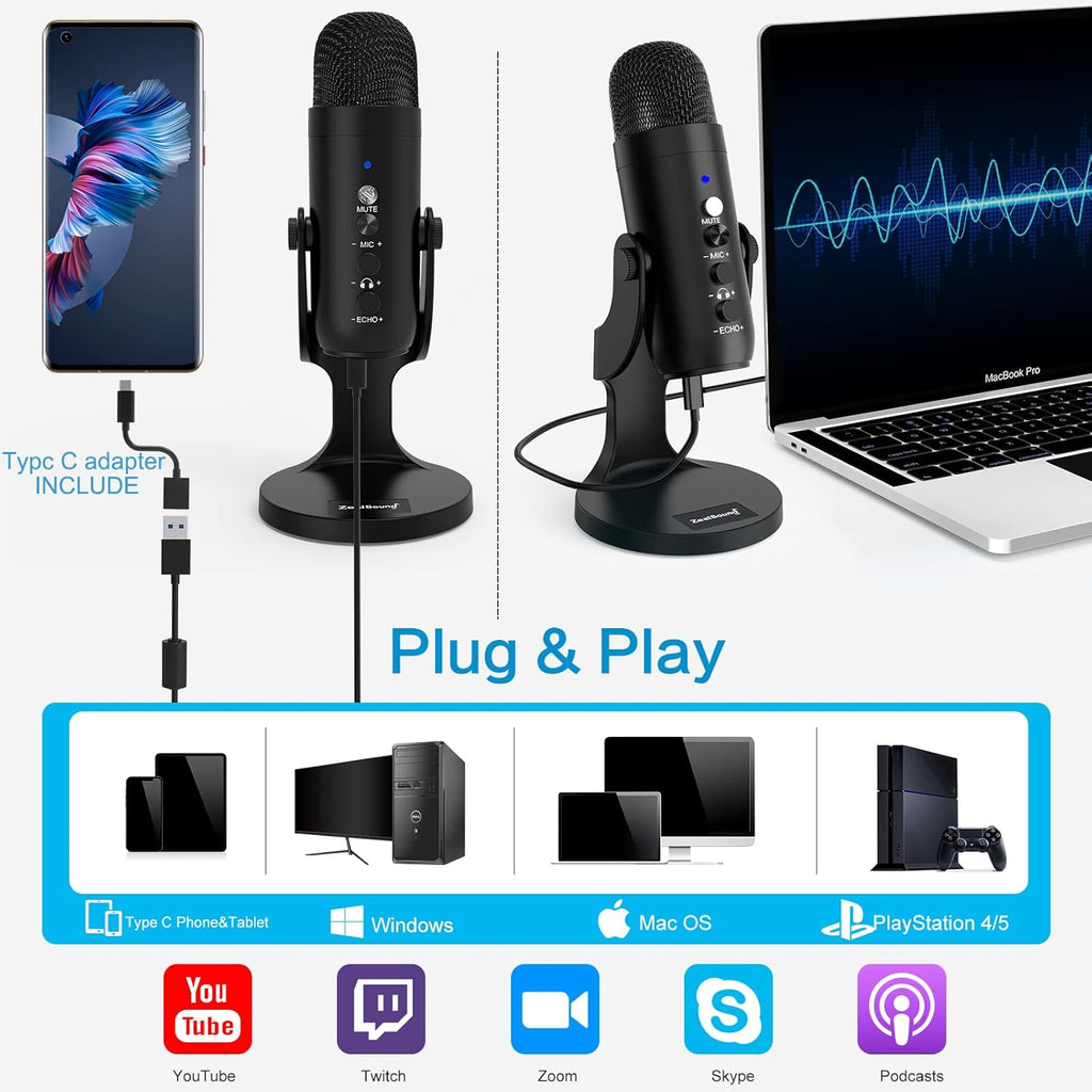 USB Condenser Mic for PC Gaming Podcast Black k7
