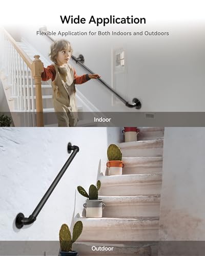 Wall Handrail 4ft for Stairs, Black Metal Indoor Outdoor a7