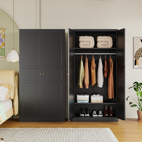 White Armoire Wardrobe Closet，71" Metal Clothing Storage Cabinets，with 2 Doors 2 Shelves Steel Wardrobe Storage，for Studio, Classroom, Garage, Gym Clothes Storage Organizer