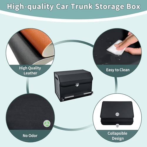 Car Organizer Trunk, Collapsible Leather with Lid, Auto Cargo Storage a7