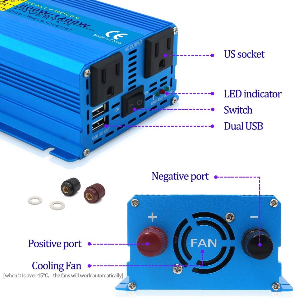500W Pure Sine Wave Power Inverter Car Adapter DC 12V to AC 110V Dual USB Ports Cigarette Lighter Plug 2 Pack k7