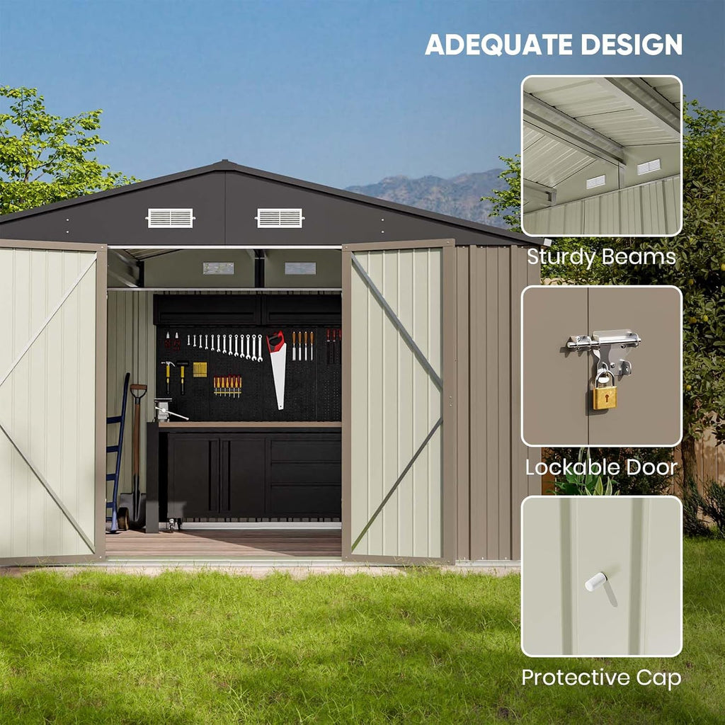 10 x 8 FT Outdoor Storage Shed, Metal Garden Tool Shed with Sloping Roof a7