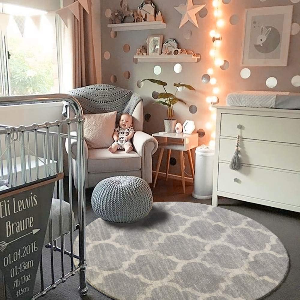 Moroccan Round Area Rug 3ft Faux Wool Non-Slip Gray k7