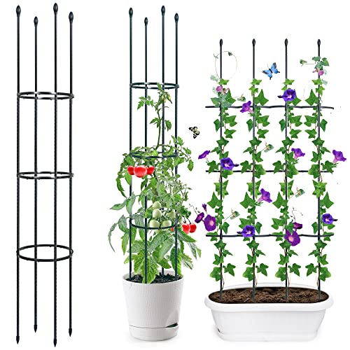 4 Pack Garden Trellis, 60" Tomato Cage Tall Plant Support Climbing Vines Flowers Stands, 2 in 1 Plant Cages & Supports for Vines, Vegetable, Flowers, Potted Plants with 60pcs Plant clips