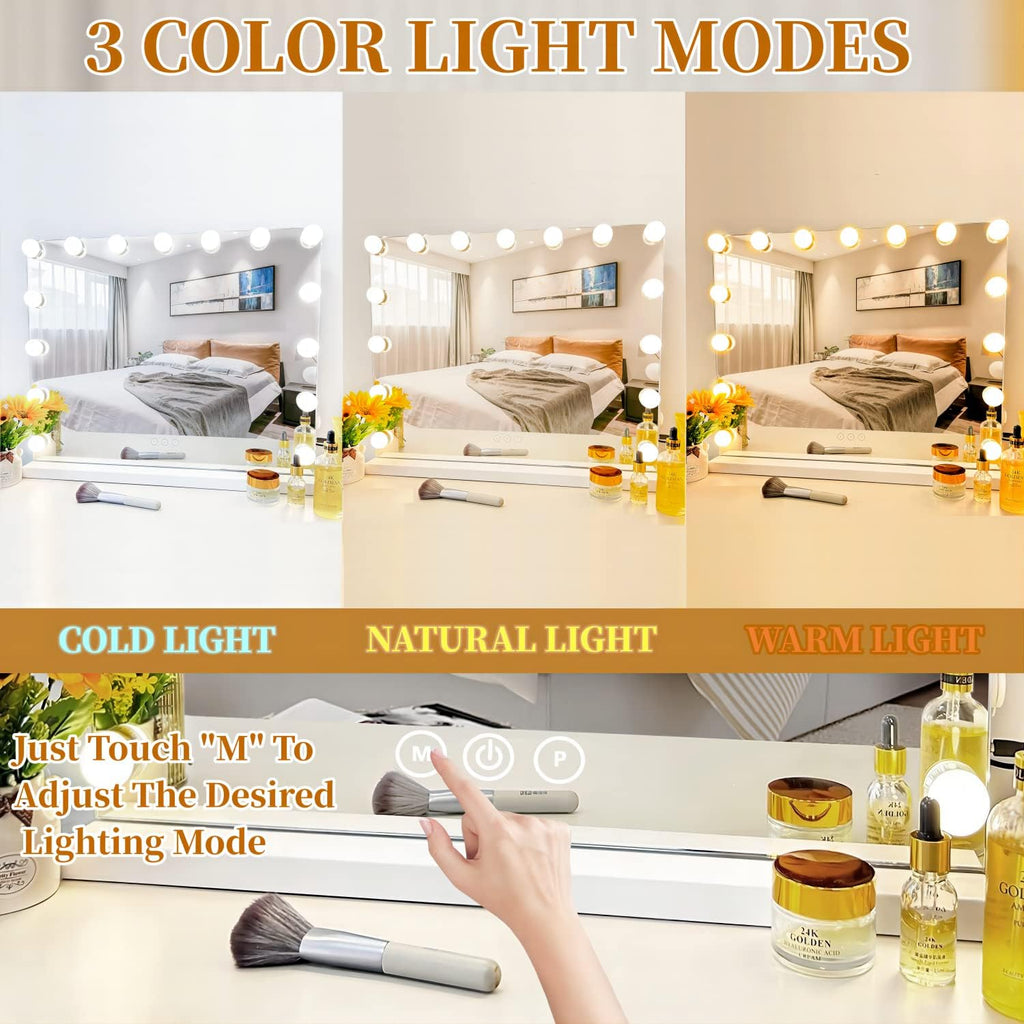 Lighted Vanity Mirror 15 Dimmable Bulbs 3 Color Modes Detachable 10x Magnification Off White k7