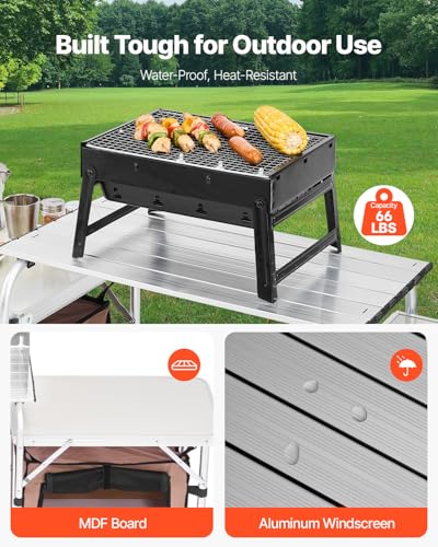 Camping Kitchen Table, Folding Outdoor Cooking Table with Storage Bag, Aluminum Cook Station, Quick Set-up for Picnics, BBQ, RV Traveling Brown k7