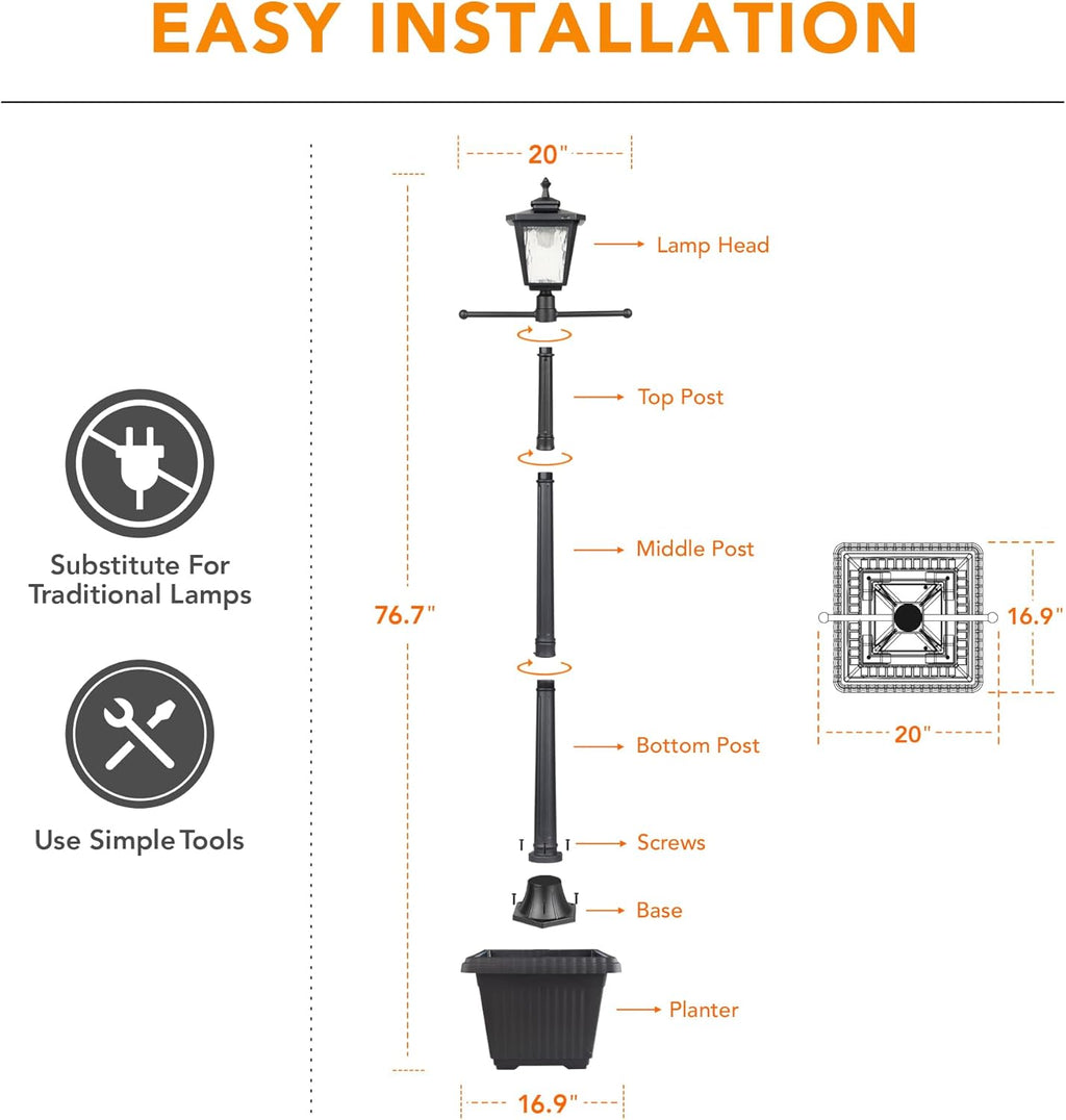 Solar Lamp Post Light with Planter, Aluminum, Warm White LED, Matte Black k7