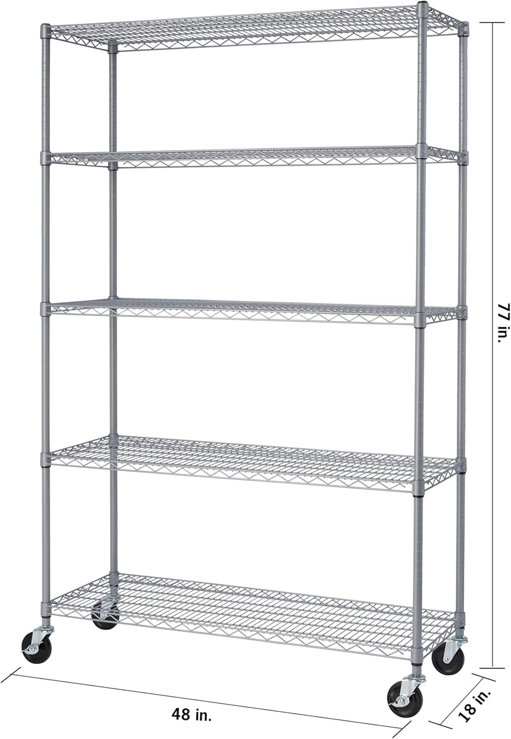 Heavy Duty 5-Tier Adjustable Wire Shelving with Wheels, Gray, 48" W x 18" D x 72-77" H k7