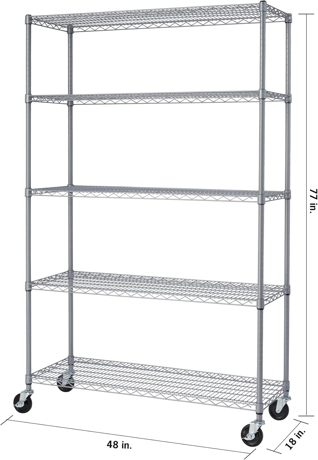 Heavy Duty 5-Tier Adjustable Wire Shelving with Wheels, Gray, 48" W x 18" D x 72-77" H k7