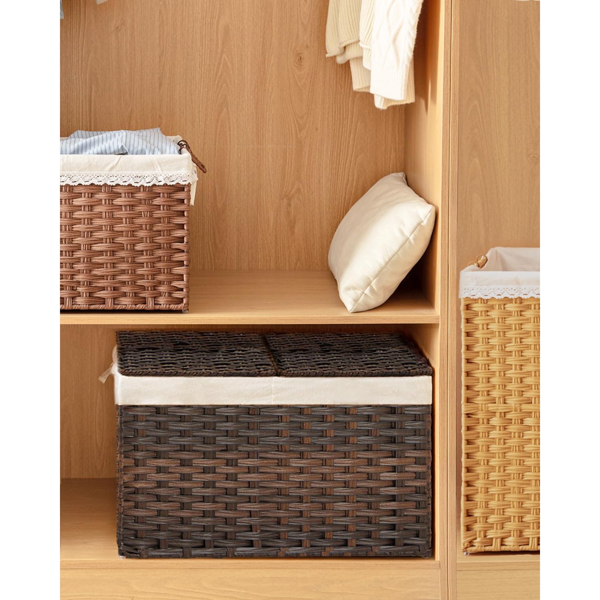 Woven Storage Basket with Lid, 65L Foldable, Gray a7