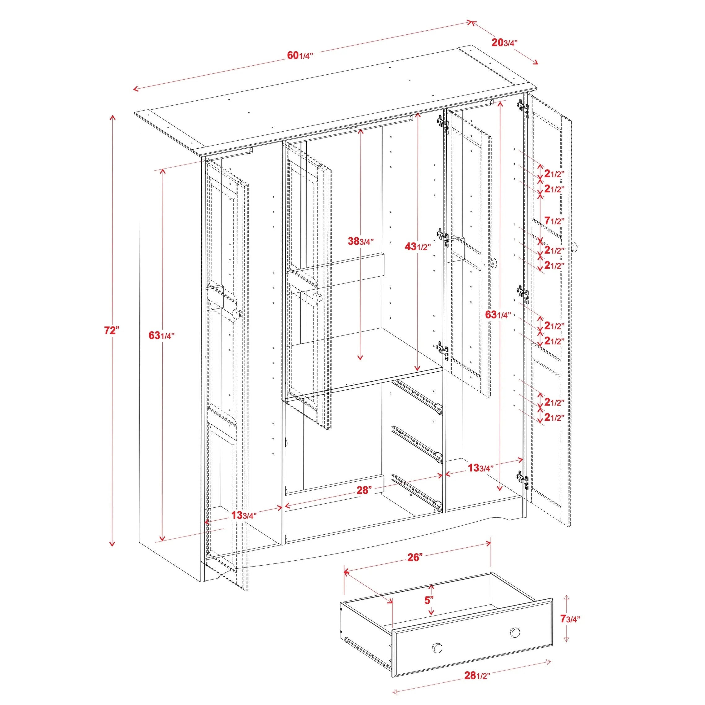 Solid Wood 4-Door Wardrobe Armoire White Metal Knobs k7