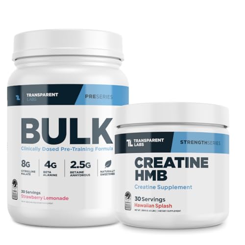 Transparent Labs Bulk Pre-Workout Powder (30 Servings, Strawberry Lemonade) & Creatine HMB (30 Servings, Hawaiian Splash)