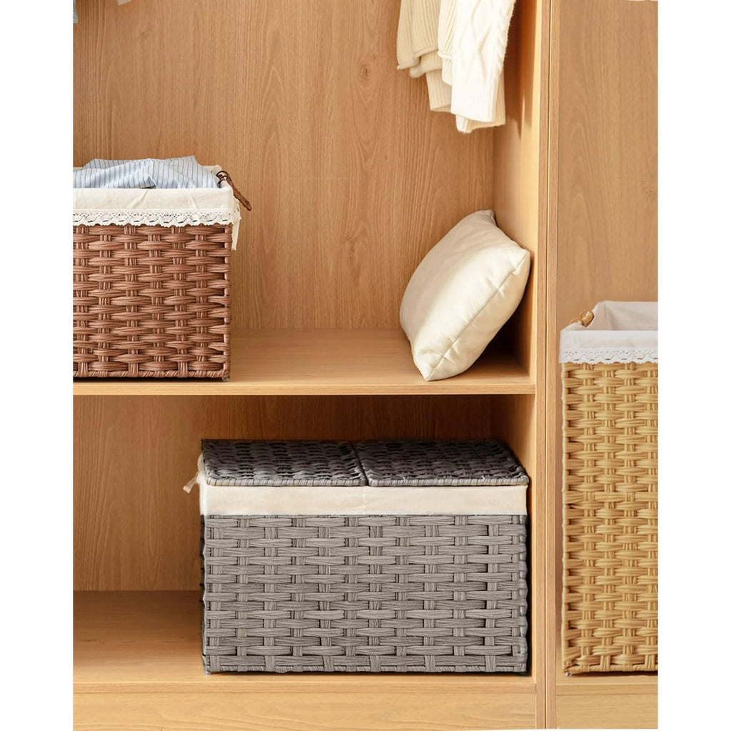 Woven Storage Basket with Lid, 65L Foldable, Gray a7