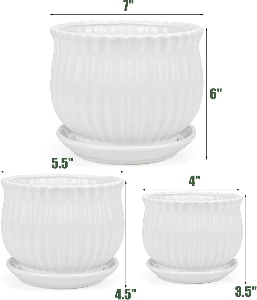 Ceramic Flower Plant Pots with Saucer, Set of 3, White Stripe Texture g7