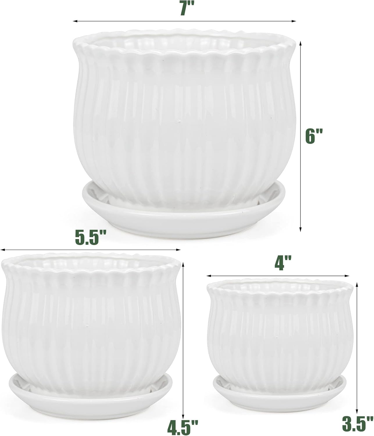 Ceramic Flower Plant Pots with Saucer, Set of 3, White Stripe Texture g7