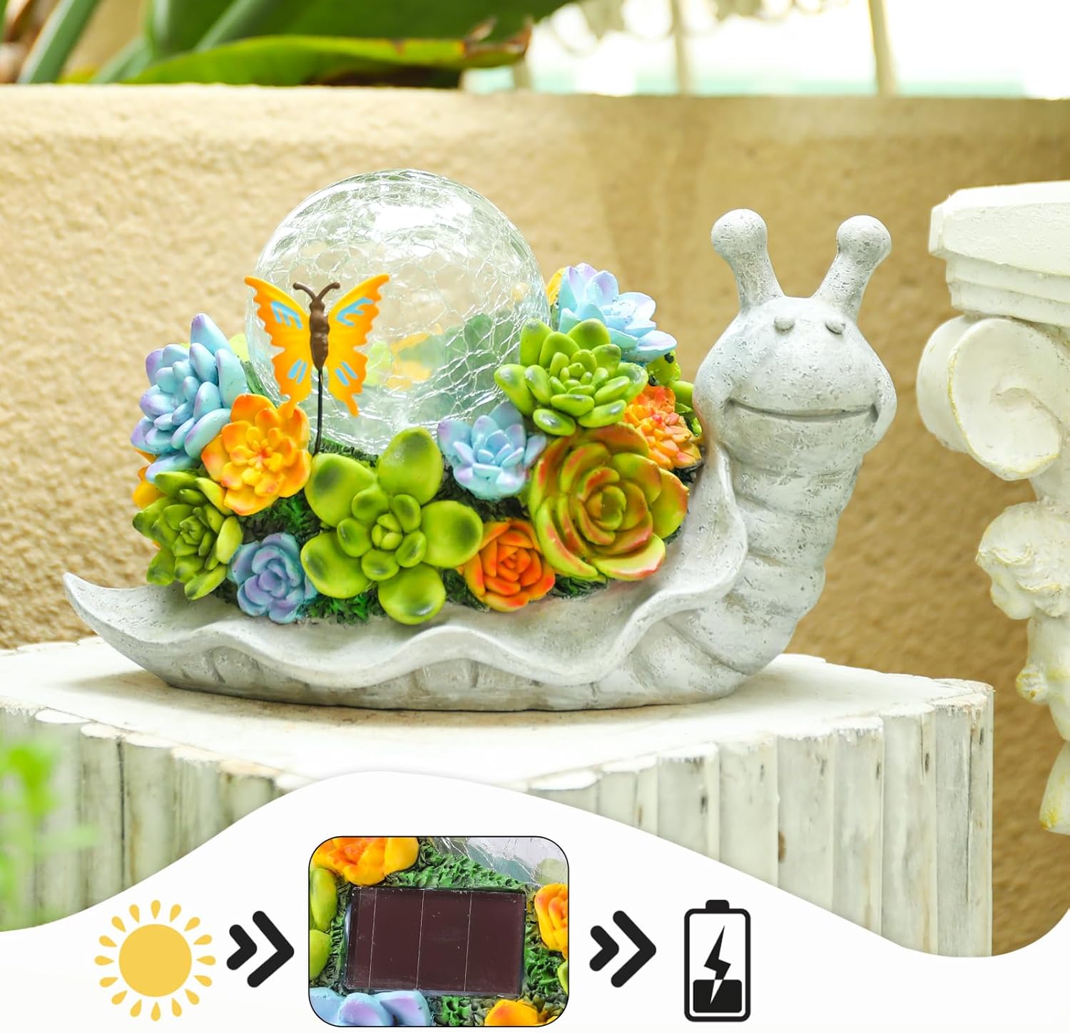 Solar Garden Snail Statue with Succulent Lawn Ornament q7