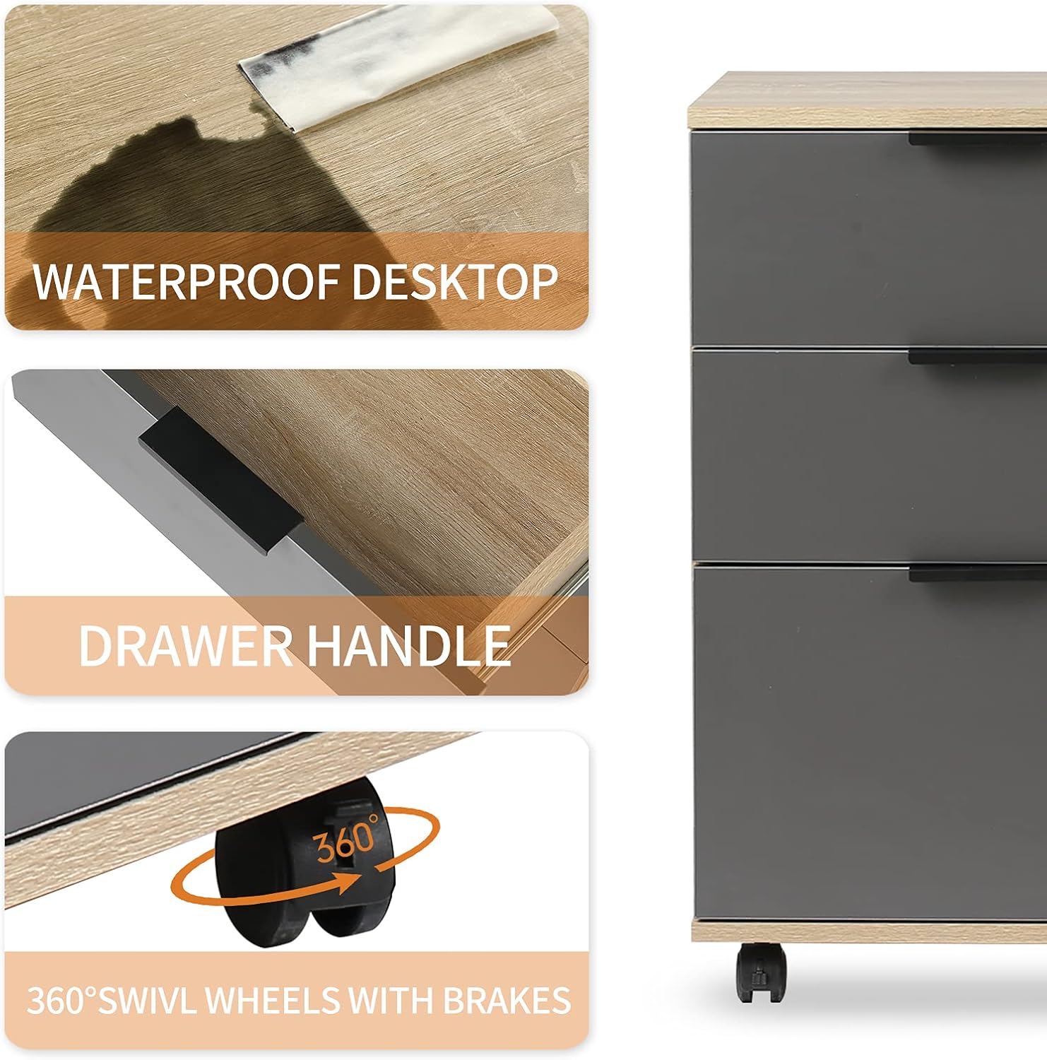 3 Drawer Rolling Wood File Cabinet with Wheels, Oak a7