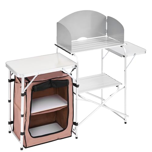 Camping Kitchen Table, Folding Outdoor Cooking Table with Storage Bag, Aluminum Cook Station, Quick Set-up for Picnics, BBQ, RV Traveling Brown k7