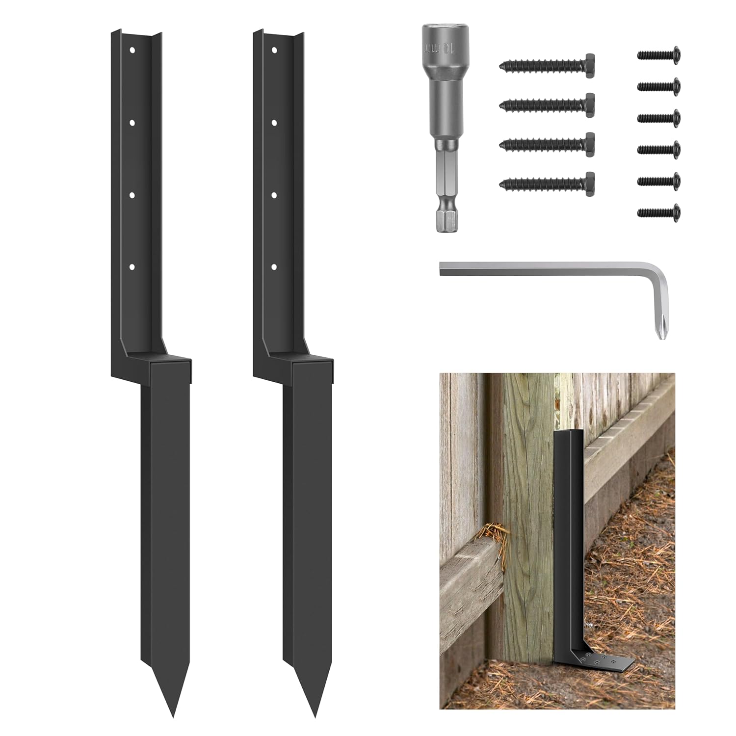 Thickened Fence Post Repair Kit, Fence Post Anchor Ground Spike, 2 Pack Heavy Duty Steel Fence Post Repair Stakes for Wooden Fence Post