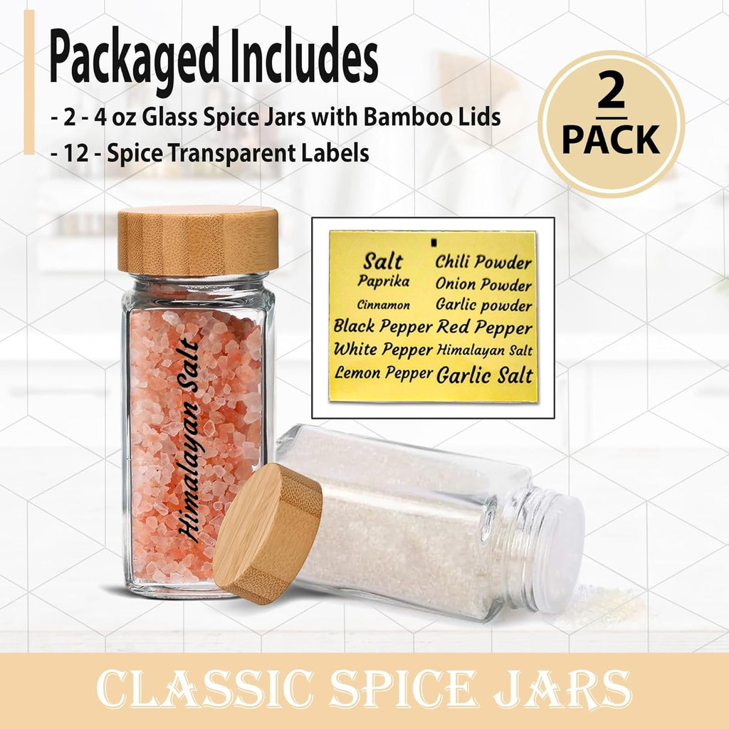 Glass Spice Jars with Bamboo Lids 2-Pack 4oz Square Shaker Bottles k7