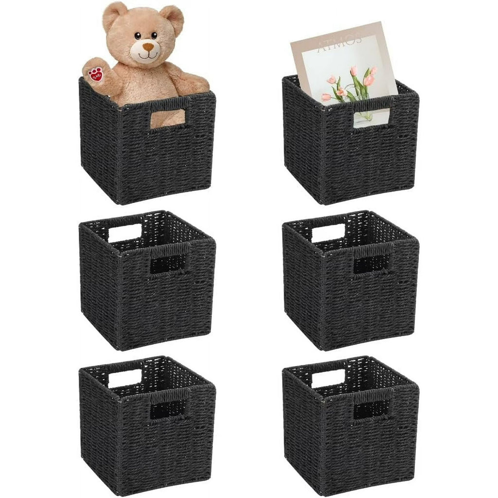 6 Pack 8.7 Inch Wicker Baskets, Hand Woven Paper Rope Storage Baskets, Foldable Cube Storage Bins Organizer Square Wicker Cubes for Shelves Pantry Organizing &amp; Decor (Black)