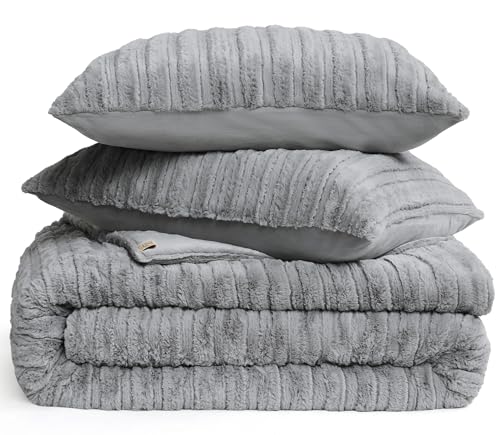 Plush Faux Fur Comforter Set with Pillow Shams, Full/Queen, Seal Grey k7