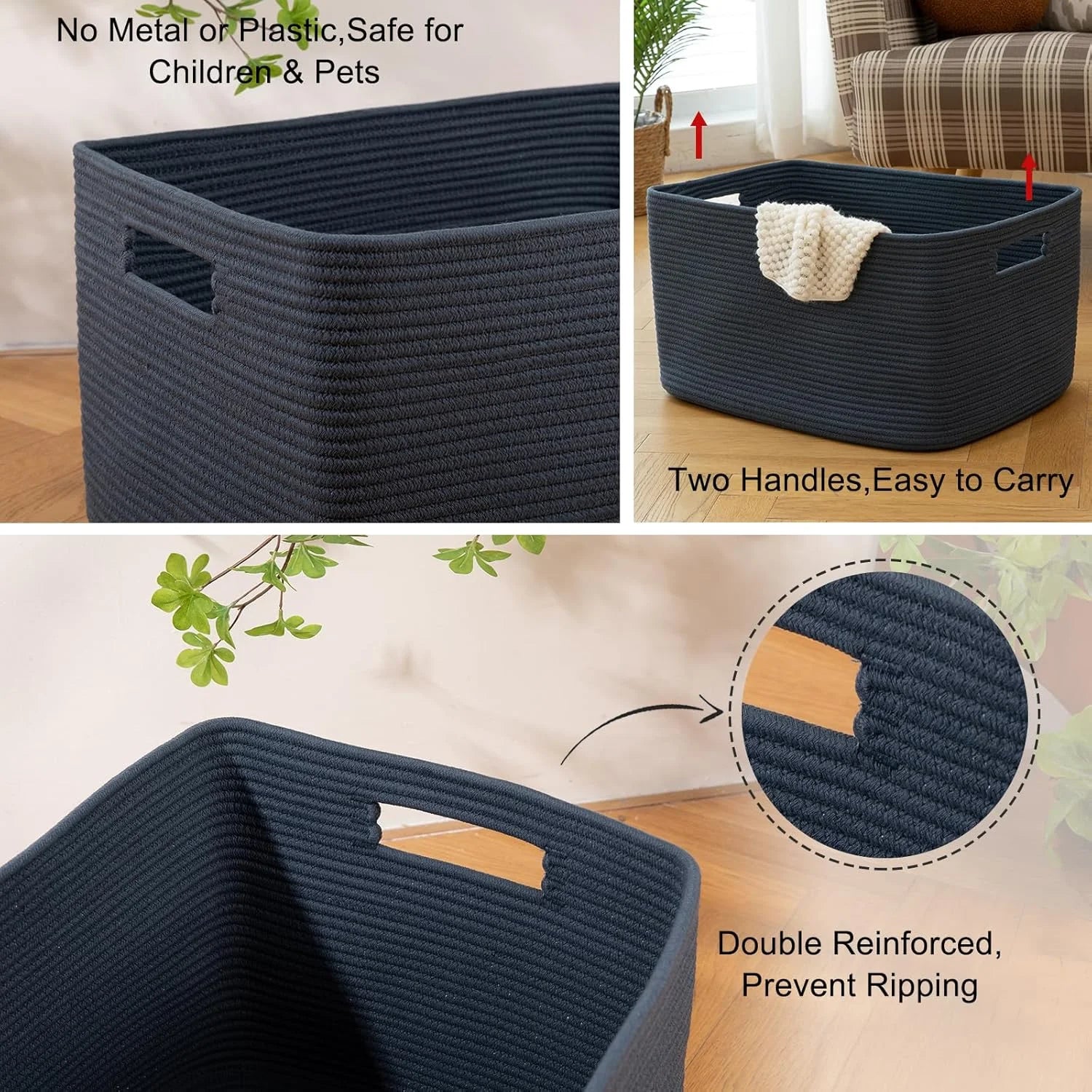 Woven Blanket Storage Basket with Handles 75L a7