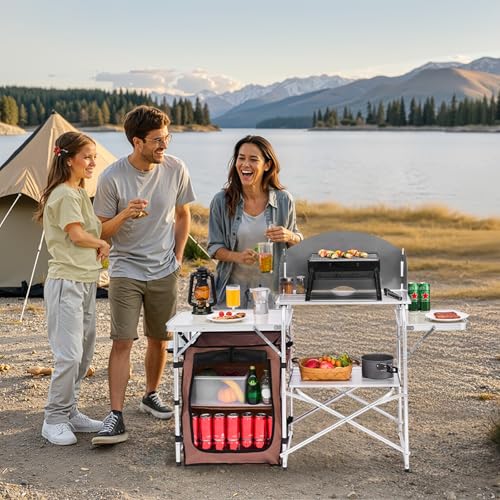 Camping Kitchen Table, Folding Outdoor Cooking Table with Storage Bag, Aluminum Cook Station, Quick Set-up for Picnics, BBQ, RV Traveling Brown k7
