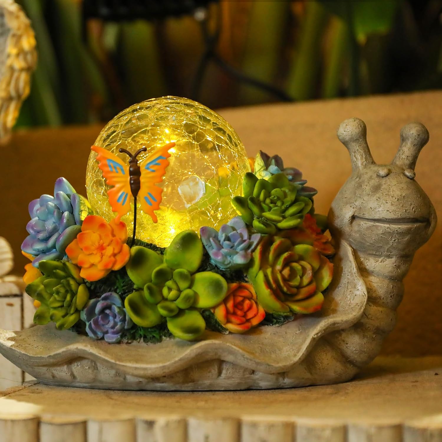 Solar Garden Snail Statue with Succulent Lawn Ornament q7