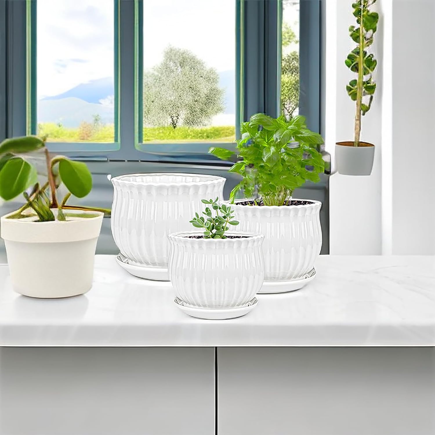 Ceramic Flower Plant Pots with Saucer, Set of 3, White Stripe Texture g7