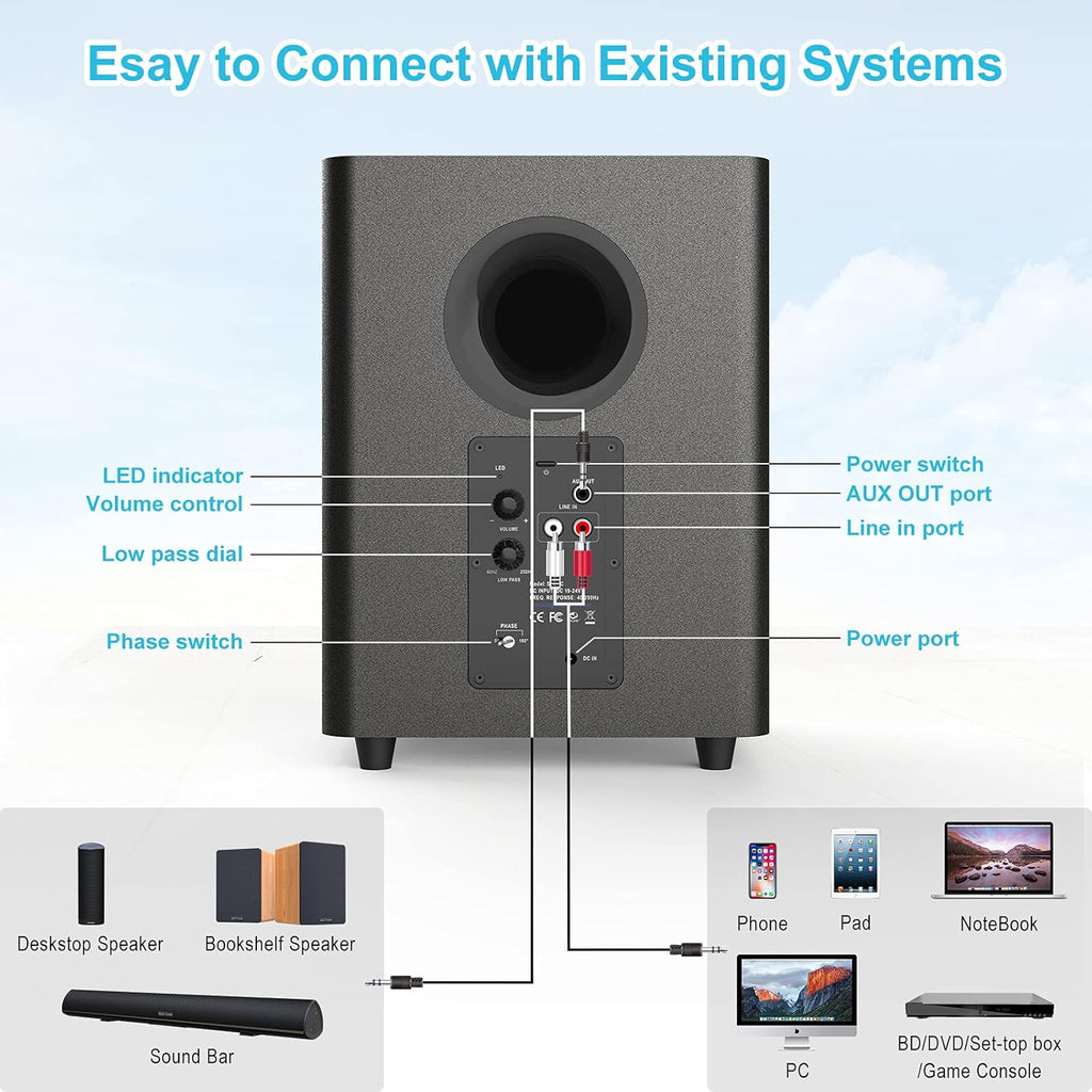 Powered Subwoofer for Home Theater, Deep Bass, Compact Size 7k