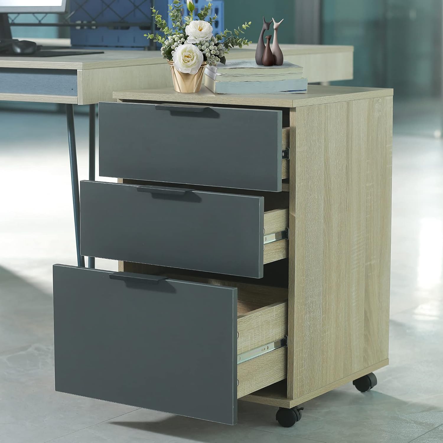 3 Drawer Rolling Wood File Cabinet with Wheels, Oak a7