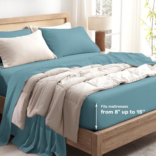 Queen Sheets Set, Cooling Bamboo Bedding, Deep Pocket, Dark Green K7