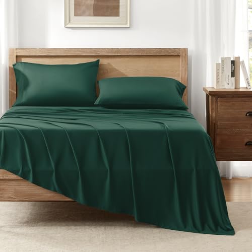 Queen Sheets Set, Cooling Bamboo Bedding, Deep Pocket, Dark Green K7