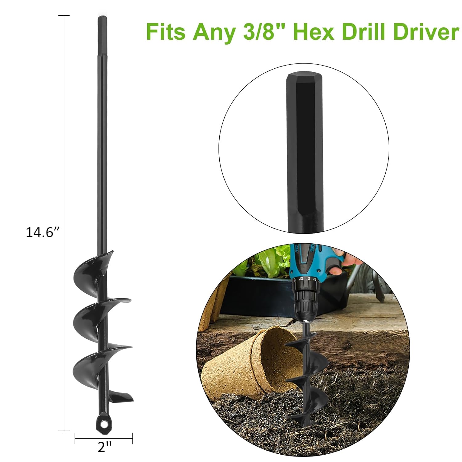 Garden Auger Spiral Drill Bit for Planting 2x14.6 Inch a7