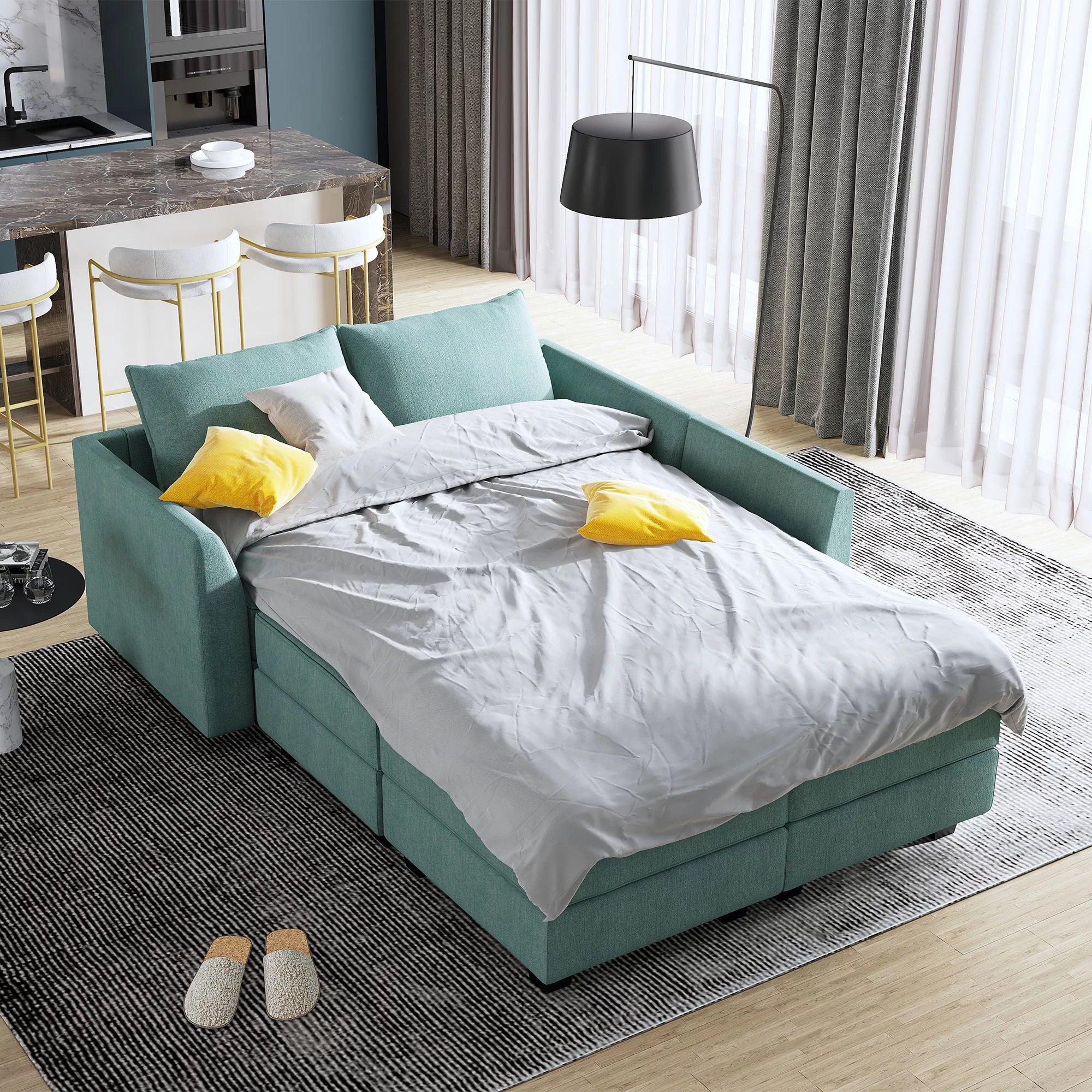 Modern Convertible Fabric Sleeper Sectional Sofa Bed with Storage Ottomans Aqua Blue k7