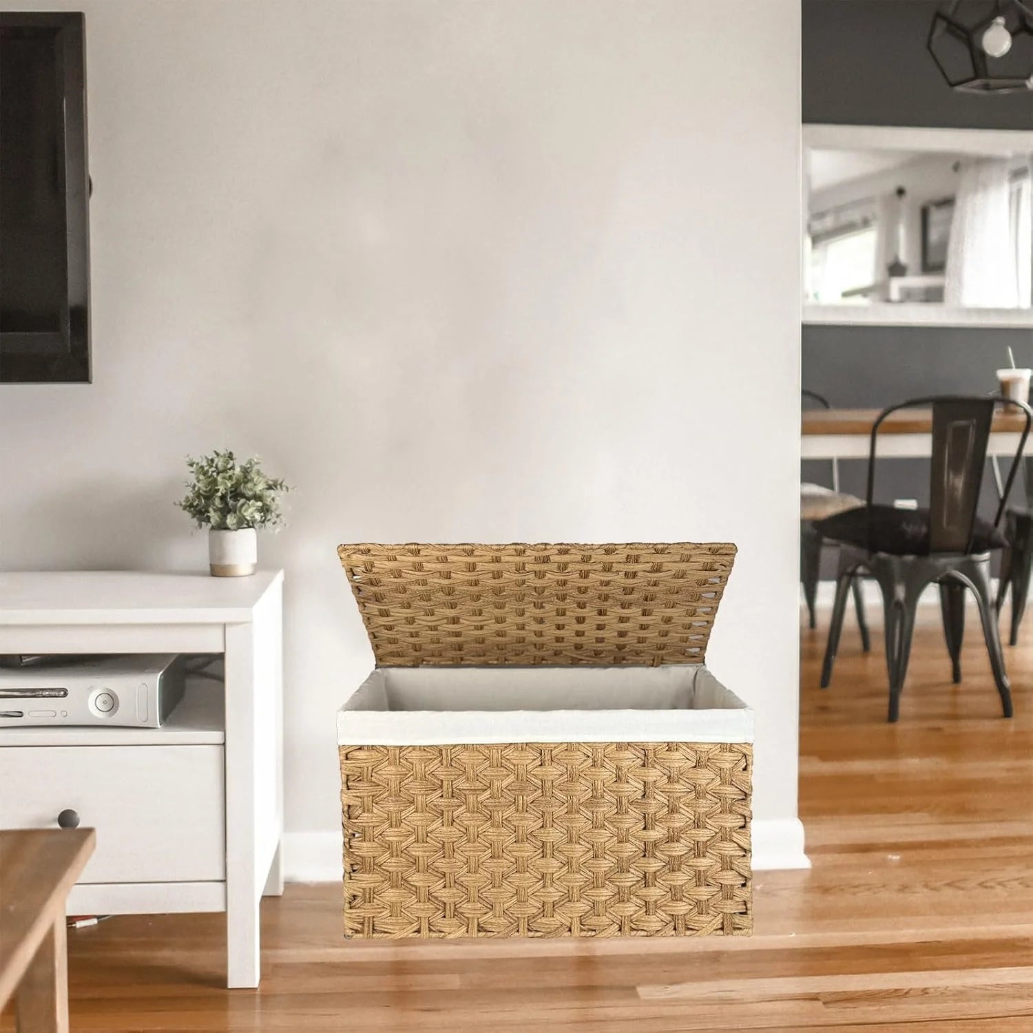 Wicker Storage Basket with Lid, 105L, Foldable, Brown K7m