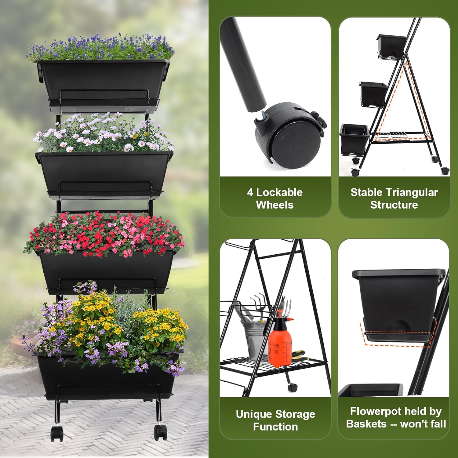 4 Tier Vertical Raised Garden Bed with Wheels and Drainage Holes k7