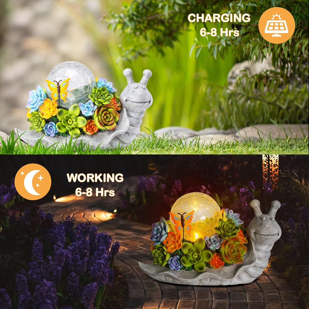 Solar Garden Snail Statue with Succulent Lawn Ornament q7